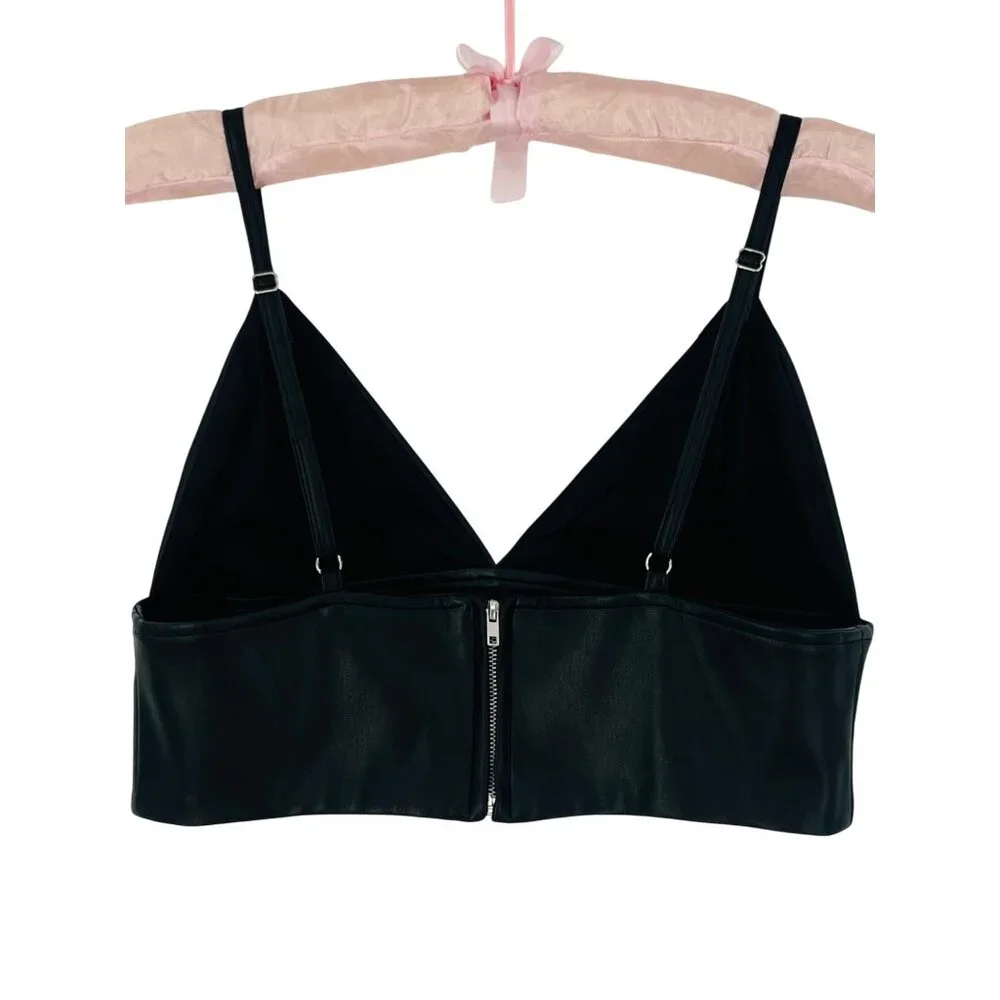 NWOT Shoedazzle Black Soft Vegan Leather Edgy V-Neck Sexy Club Rave EDM Crop Top - Picture 8 of 16